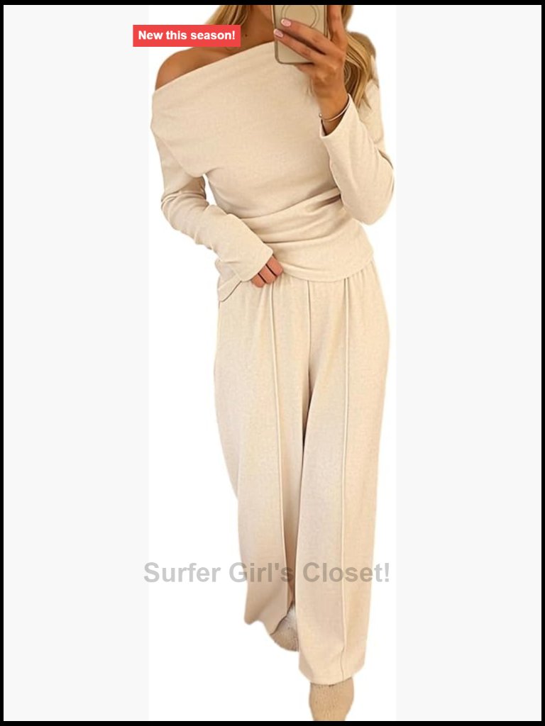 Rib Knit Off Shoulder Top Wide Leg Pants 2 Piece Lounge Set